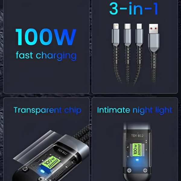 SmartTuff 100W 3-in-1 Charging Cable – Universal Fast Charger Cord